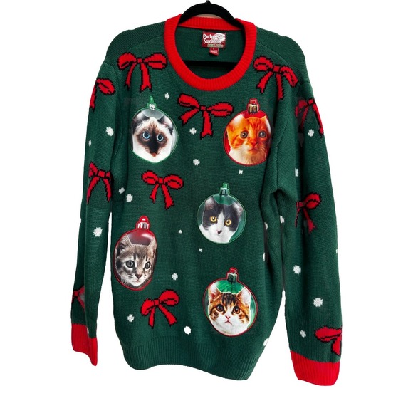 Party Sweater Dec 25th L Ugly Christmas Cats Ornaments Bows Unisex Novelty Cute - Picture 1 of 16